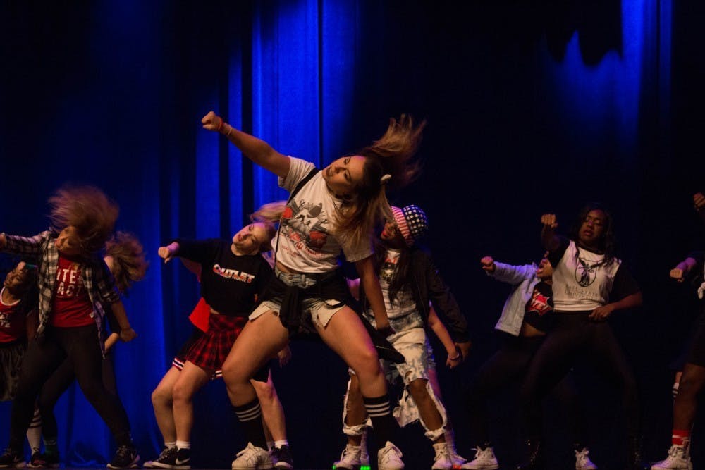 <p>A team dances during Air Jam Oct. 19, 2017, at John R. Emens Auditorium. Air Jam is a yearly dance and lip-sync competition that takes place during homecoming. <strong>Briana Hale, DN</strong></p>