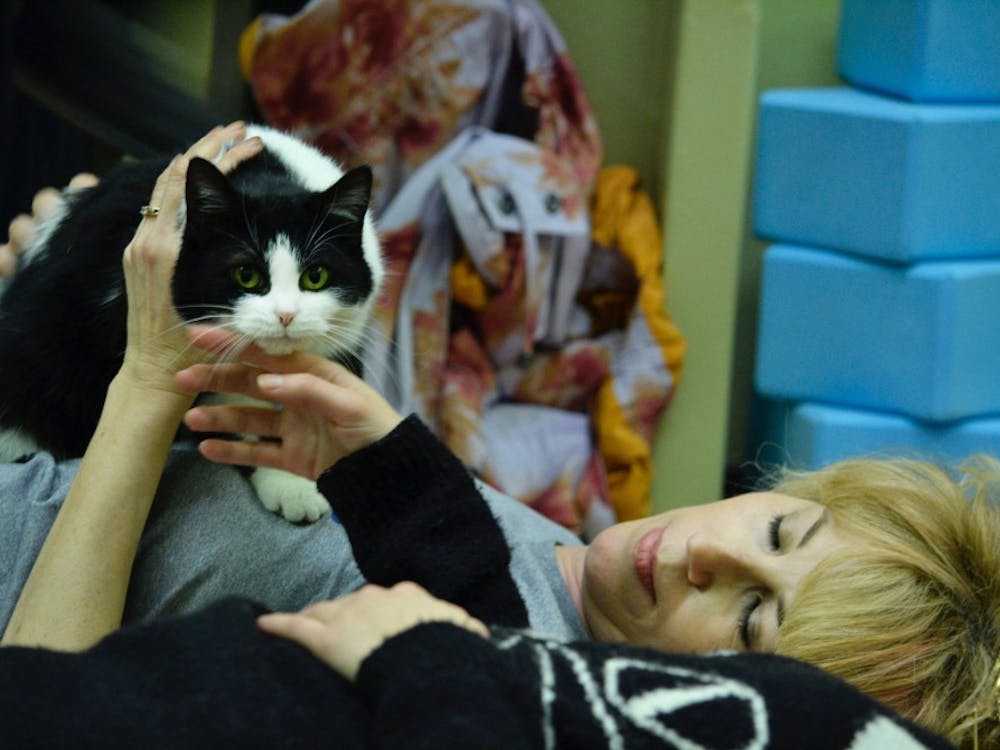 Owner of Hot Heads on Campus, Tena Rees holds a cat during yoga at the Muncie Animal Care & Services shelter on Jan. 19, 2017.Photograph by Emily E. Sobecki © 2017