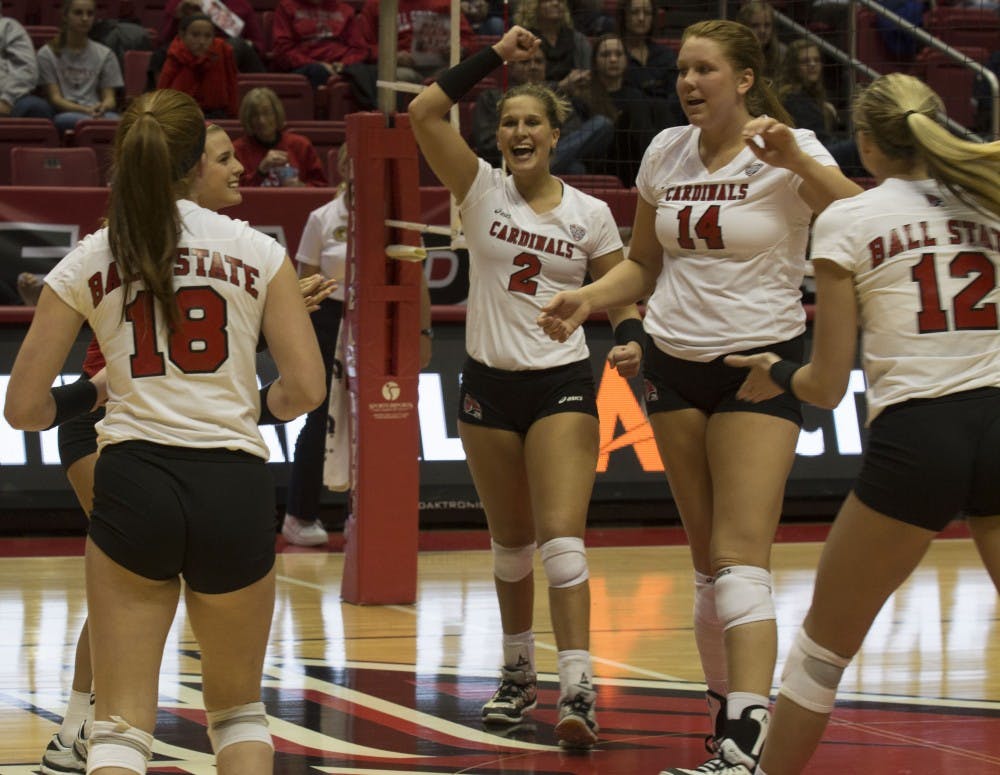 No. 2, Alex Fueling celebrates with her teammates after scoring against Toledo at Worthen Arena on October 29th, 2015.