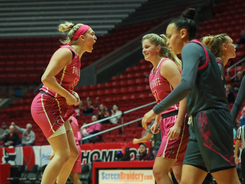 Redshirt freshman guard Anna Clephane celebrates after she scored to tie the game up at 40-40 Feb. 8, 2020, at John E. Worthen arena. Ball State won 60-52 against Akron. Jaden Whiteman, DN