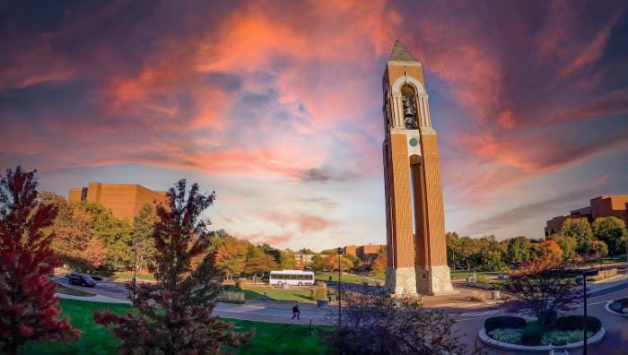 The iconic view of Schafer Tower, seen by students all across campus.