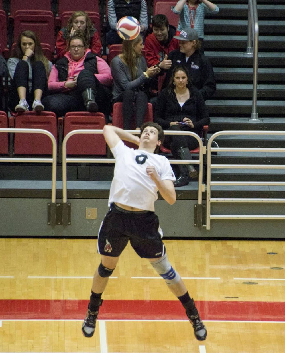 Sophomore outside attacker Brendan Surane serves the ball during the game against Grand Canyon on March 13 at Worthen Arena. DN PHOTO ALAINA JAYE HALSEY
