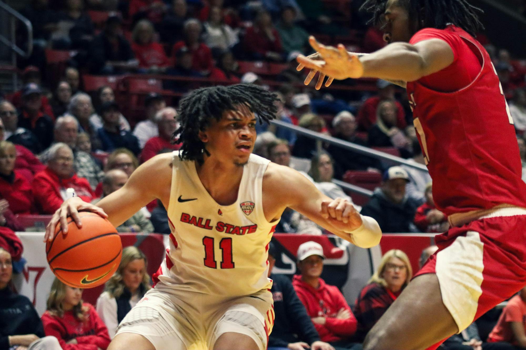 Junior forward Basheer Jihad defends the ball Jan. 20 against Miami at Worthen Arena. Jihad scored 29 points in the game. Isaiah Wallace, DN.