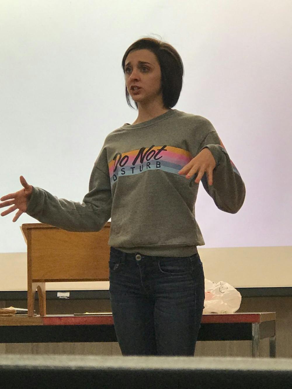 <p>Chassica Price, junior psychology major, speaks about her efforts to start a National Alliance on Mental Illness (NAMI) chapter to her History 150 class. Price has decided to implement a Ball State chapter of NAMI, a nonprofit, volunteer-only mental health organization serving Americans affected by mental illness. <strong>Chassica Price, Photo Provided</strong></p>