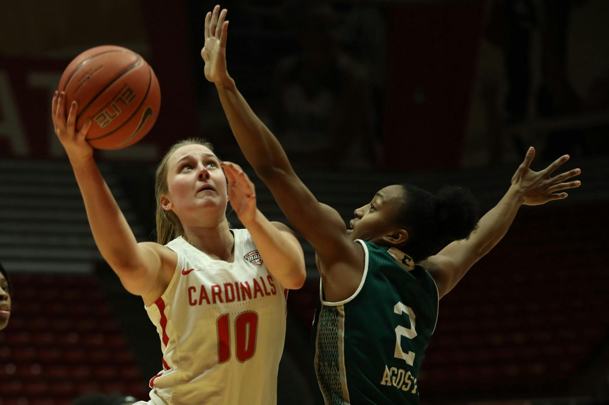 Ball State Cardinals junior forward Thelma Dis Agustsdottir drives to the basket in the first half of a home game against the Eastern Michigan Eagles Dec. 2, 2020, at John E. Worthen Arena. The Cardinals lost to the Eagles 77-58. Jacob Musselman, DN