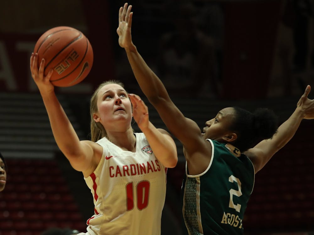Ball State Cardinals junior forward Thelma Dis Agustsdottir drives to the basket in the first half of a home game against the Eastern Michigan Eagles Dec. 2, 2020, at John E. Worthen Arena. The Cardinals lost to the Eagles 77-58. Jacob Musselman, DN