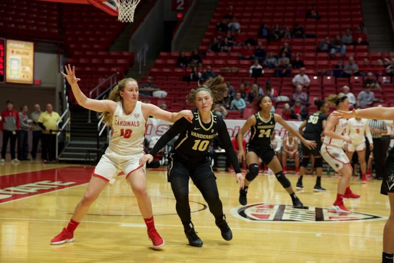 Freshman forward Thelma Dis Agustsdottir guards a Vanderbilt forward during a game against Vanderbilt on Dec 6, 2018 at Worthen Arena. The Cardinals would fall, 60-43. Gabi Glass,DN