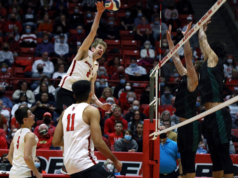 Kaleb Jenness hits the ball over the net against Hawaii on Jan. 29, 2022, at Worthen Arena in Muncie, IN. Jenness had 19 kills during the match. Amber Pietz, DN