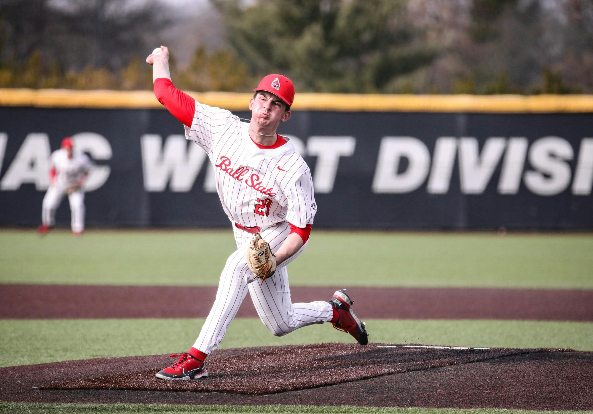 Freshman pitcher Owen Quinn pitches in a game against Bellarmine on April 4 at First Merchants Ballpark Complex. Quinn tossed a shutout inning. Katelyn Howell, DN