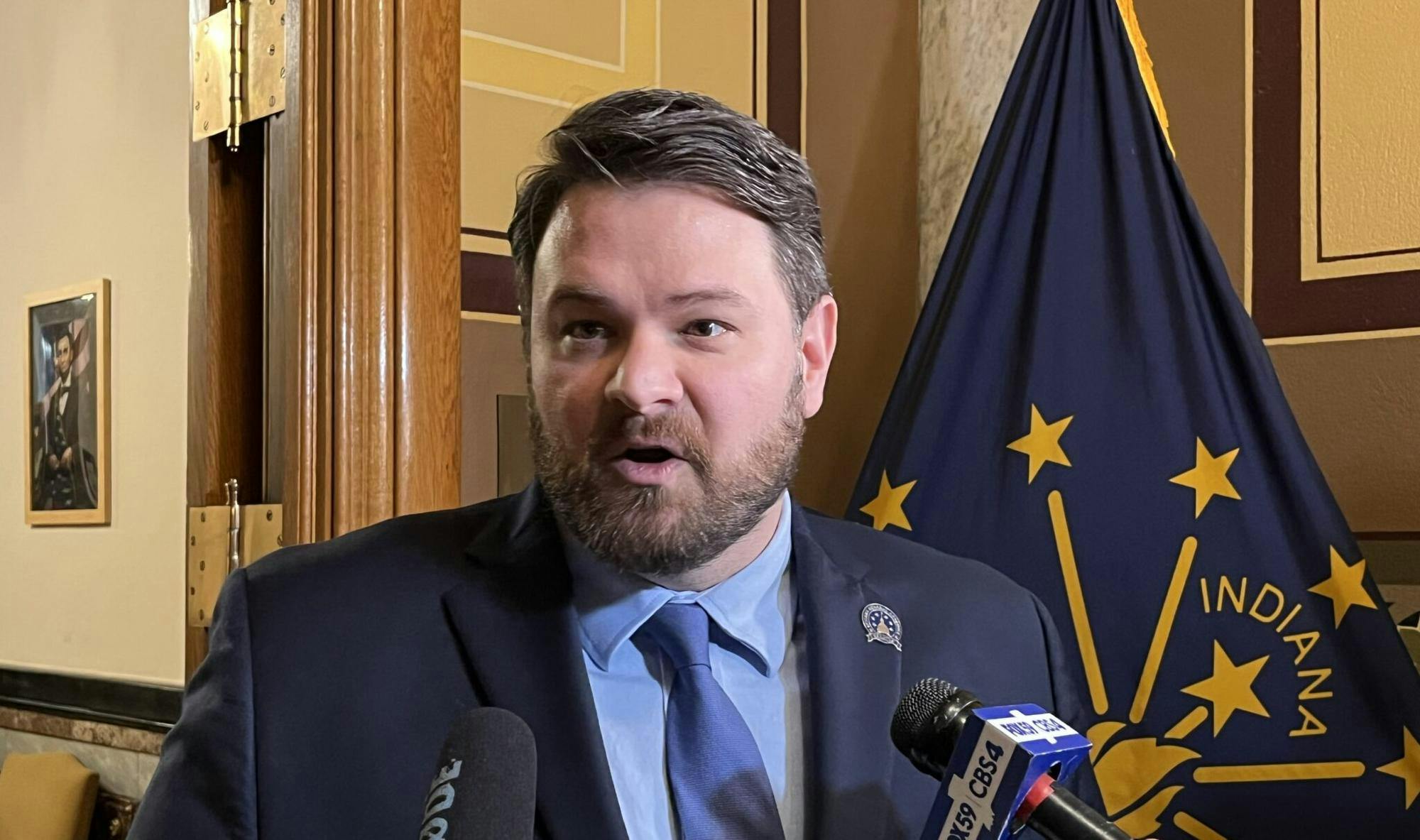 &nbsp;State Sen. J.D. Ford, D-Indianapolis, speaks with reporters at the Indiana Statehouse on Wednesday, Jan. 14, 2026. (Photo by Tom Davies/Indiana Capital Chronicle)