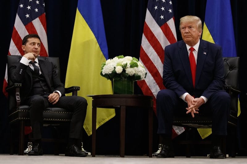 In this Sept. 25, 2019, file photo, President Donald Trump meets with Ukrainian President Volodymyr Zelenskiy at the InterContinental Barclay New York hotel during the United Nations General Assembly, in New York. It’s the story of a president who either had a “perfect phone call” with Ukraine or abused his power and should be removed from office. What to watch as presidential impeachment arguments get underway in the Senate for only the third time in American history. (AP Photo/Evan Vucci, File)