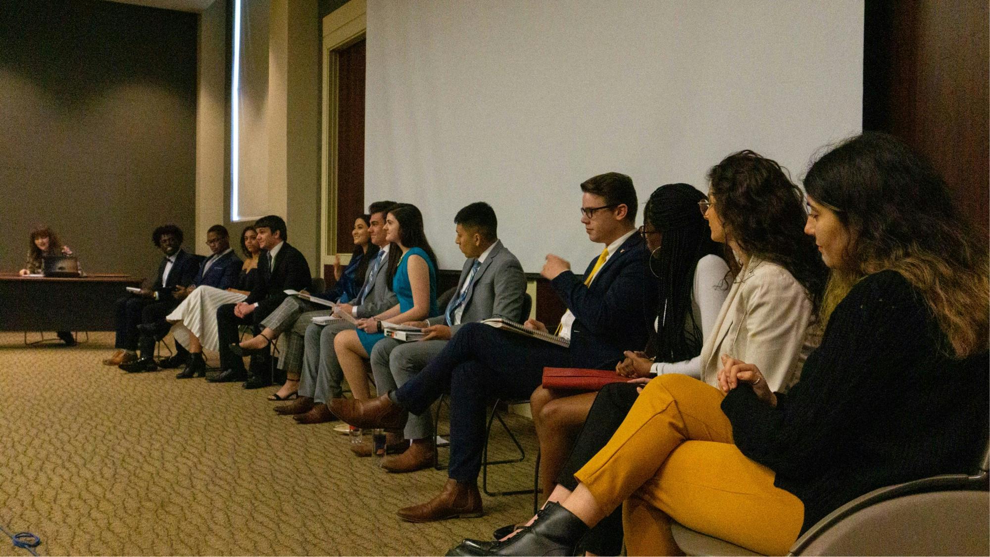 The Alliance, Aureum and Bold slates are seated before the debate Feb. 6, 2020, at the Art and Journalism Building. The debate covered a wide range of topics including sexual assault prevention, the “Zero Tolerance Policy” legislation and the events of last month involving Sultan “Mufasa” Benson and his marketing professor. John Lynch, DN