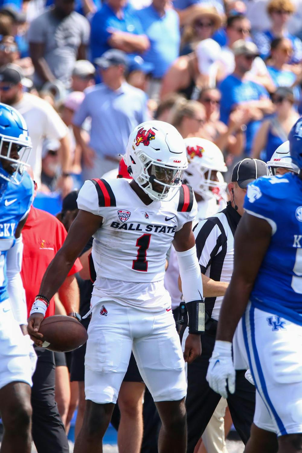 Redshirt sophomore quarterback Kiael Kelly celebrates a play against Kentucky Sept. 2. Kelly was mainly utilized in Run Pass Option plays as Ball State fell 44-14 to the Wildcats. Daniel Kehn, DN