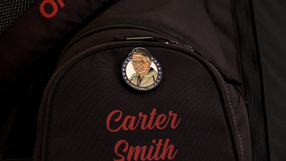 Ball State golfer Carter Smith’s golf bag bearing a patch for Earl Yestingsmeier.
