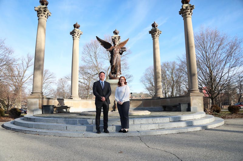 Associate Professor of Education Studies Dr. David Roof (left) and Director of Student Life Abby Haworth (right) pose for a photo Feb. 7 at Beneficence. Roof and Haworth created “Cardinal Vote!” to address the lack of understanding surrounding civic engagement on campus. Mya Cataline, DN