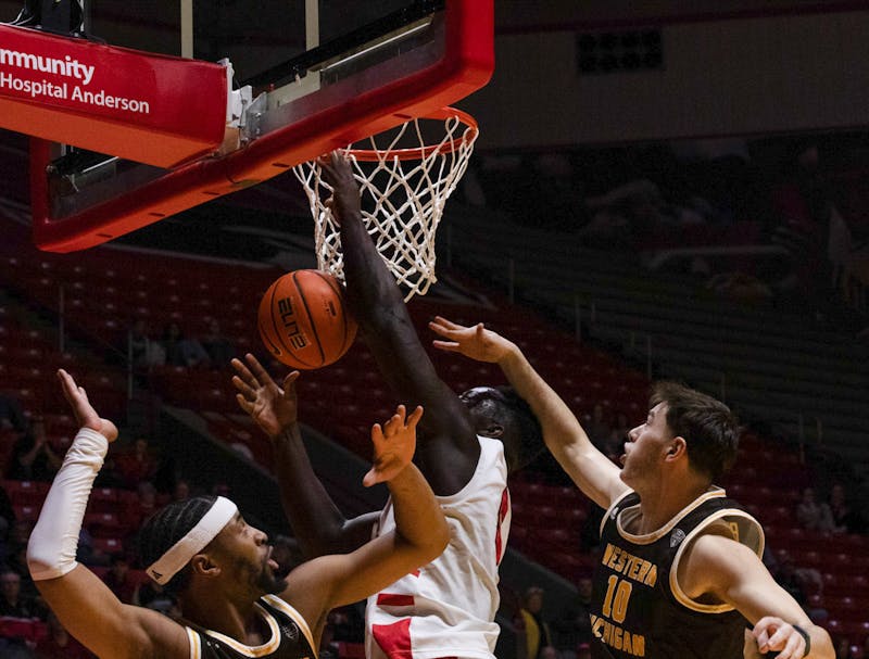 Ball State senior center Payton Sparks goes for a rebound while facing Western Michigan at Worthen Arena on Jan. 28, 2025. LJ Barnes, DN