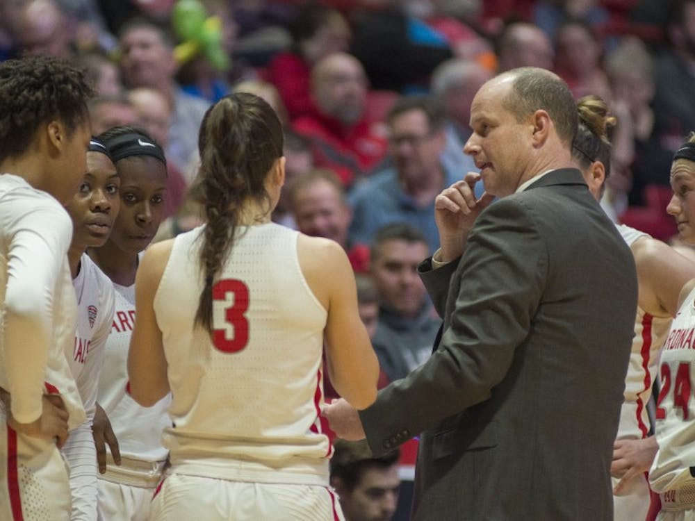 Head coach Brady Sallee talks to women's basketball team members during a timeout during the game against Toledo Feb. 24 at Worthen Arena. Breanna Daugherty, DN