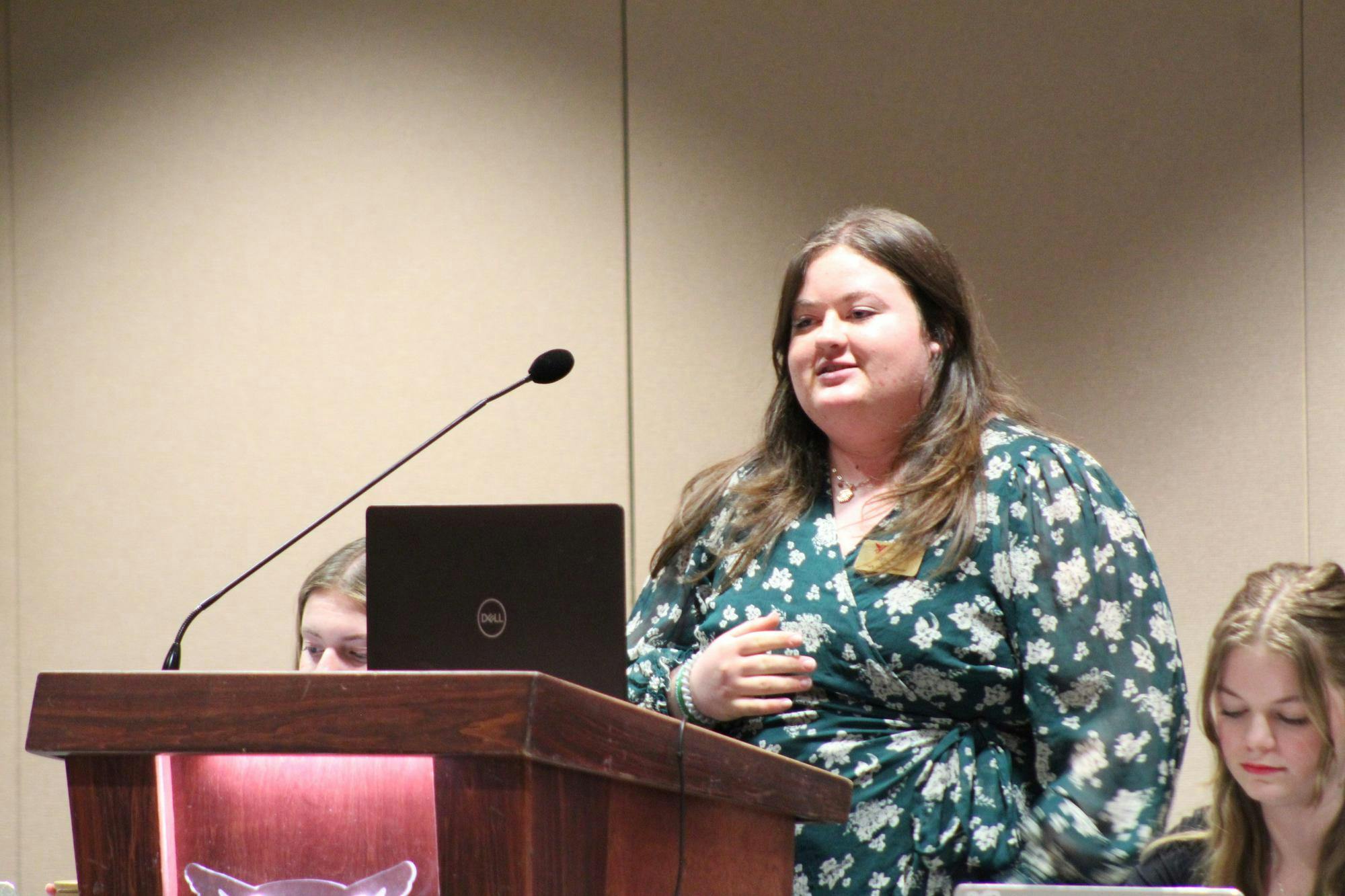 Sen. Skylar Ellis gives her presentation for the President Pro Tempore position during the Student Government Association (SGA) meeting March 27 at the L.A. Pittenger Student Center. Meghan Braddy, DN