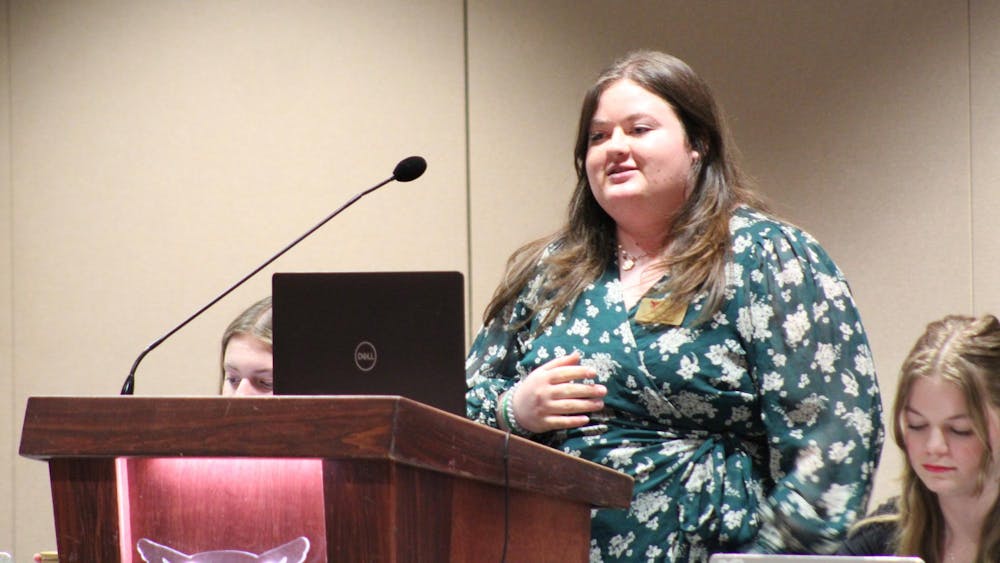Sen. Skylar Ellis gives her presentation for the President Pro Tempore position during the Student Government Association (SGA) meeting March 27 at the L.A. Pittenger Student Center. Meghan Braddy, DN