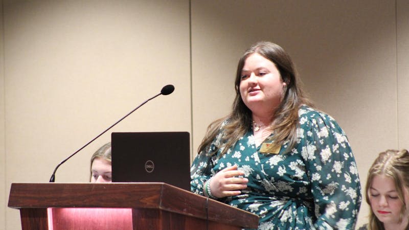 Sen. Skylar Ellis gives her presentation for the President Pro Tempore position during the Student Government Association (SGA) meeting March 27 at the L.A. Pittenger Student Center. Meghan Braddy, DN