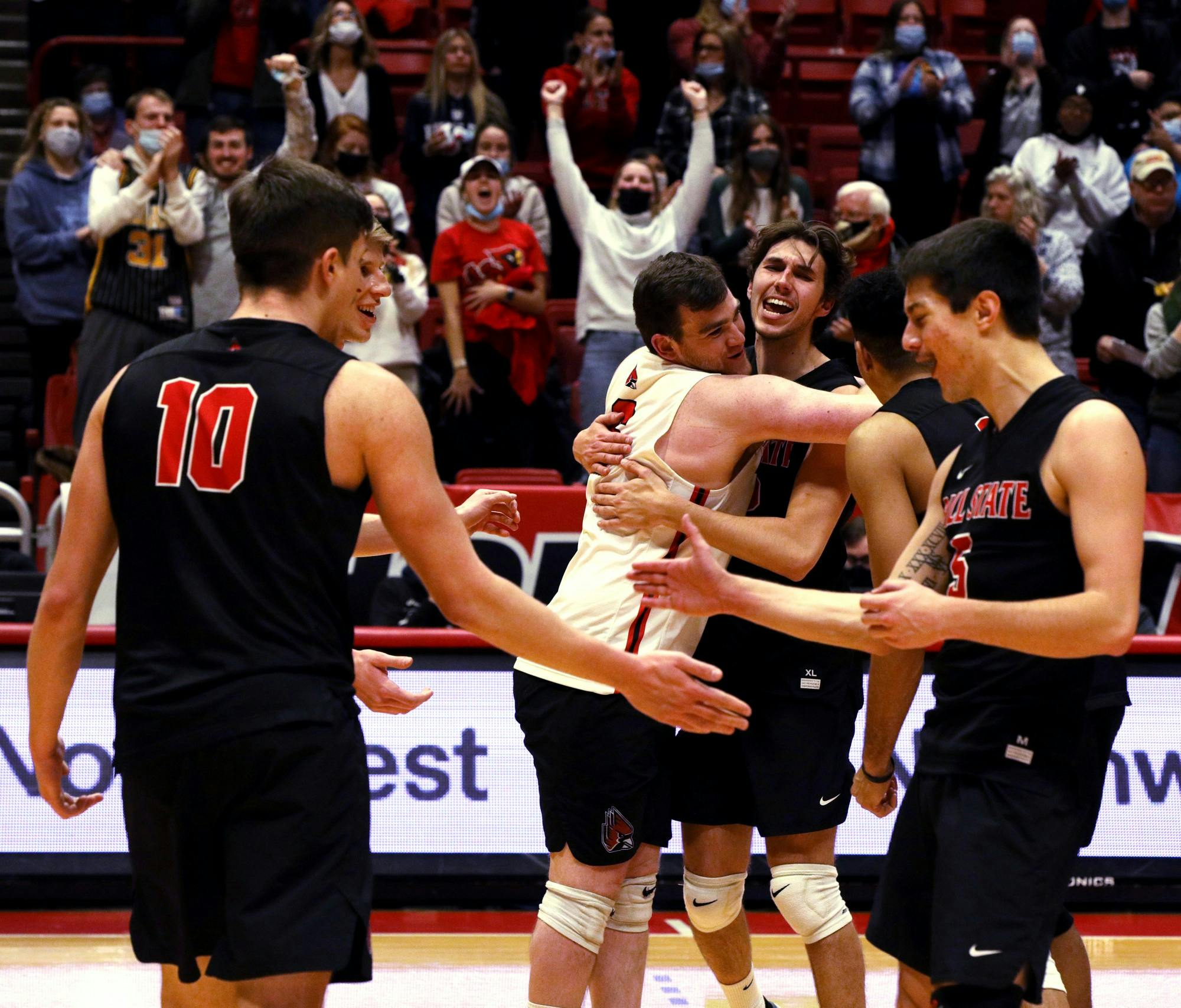The Ball State Men's Volleyball team celebrates a point against George Mason University on Jan. 21, 2022, at Worthen Arena in Muncie, IN. The Cardinals won the match 3-0. Amber Pietz, DN