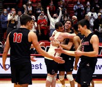 The Ball State Men's Volleyball team celebrates a point against George Mason University on Jan. 21, 2022, at Worthen Arena in Muncie, IN. The Cardinals won the match 3-0. Amber Pietz, DN
