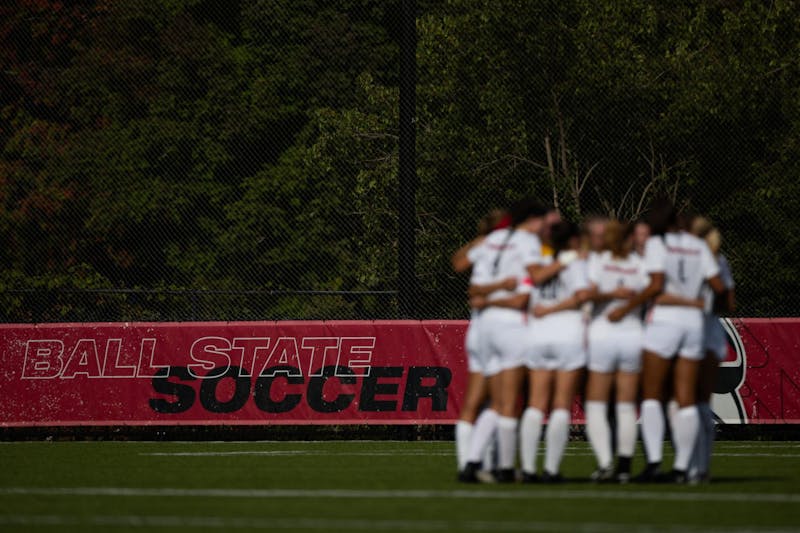 The Ball State soccer team huddles up before the beginning of the second half against IUI on Sept. 12 at Briner Sports Complex.  The Cardinals were able to hold IUI to two goals this game. Titus Slaughter, DN