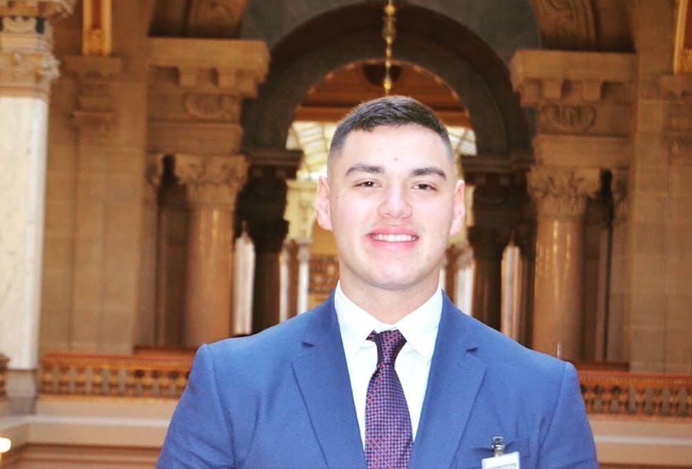 Sophomore political science major Aiden Medellin interned at the Indiana State House and was paired with Sen. Karen Tallian from December 2017 to March 2018. Medellin was tasked with listening to comments and concerns from people Tallian represents as well as analyzing around 900 surveys regarding various policies. Adien Medellin, Photo Provided
