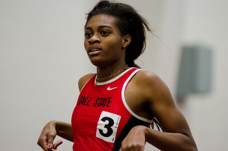 Ball State sophomore Jasmine Harris runs the 200 meter dash on Feb. 16 in the Ball State Tune-up at the Field Sports building. Madeline Grosh, DN