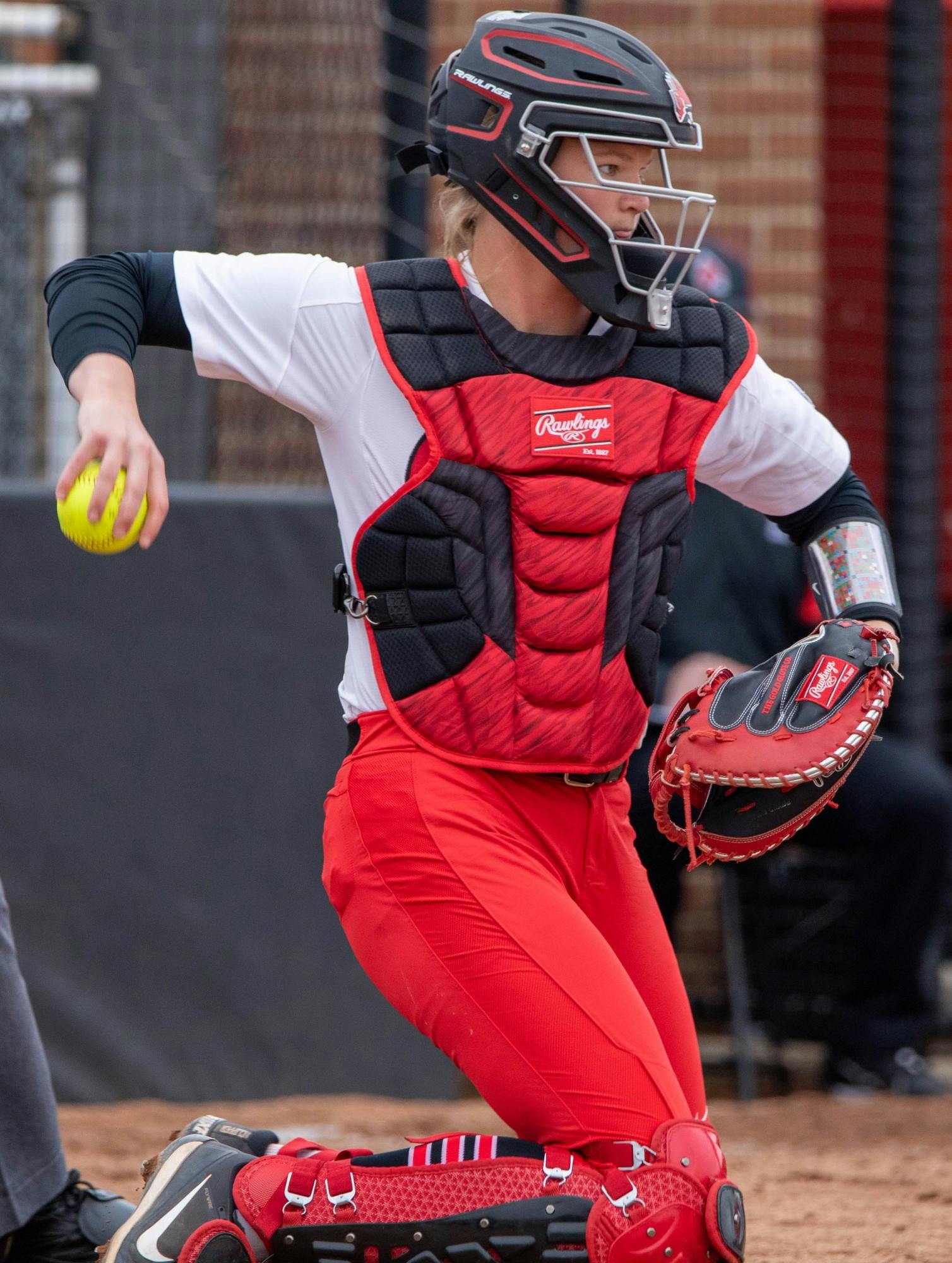 Senior catcher Stacy Payton throw the ball to the pitcher March 26, 2021, at the Softball Field at First Merchants Ballpark Complex. The Cardinals won 8-6 against the Falcons. Jaden Whiteman, DN