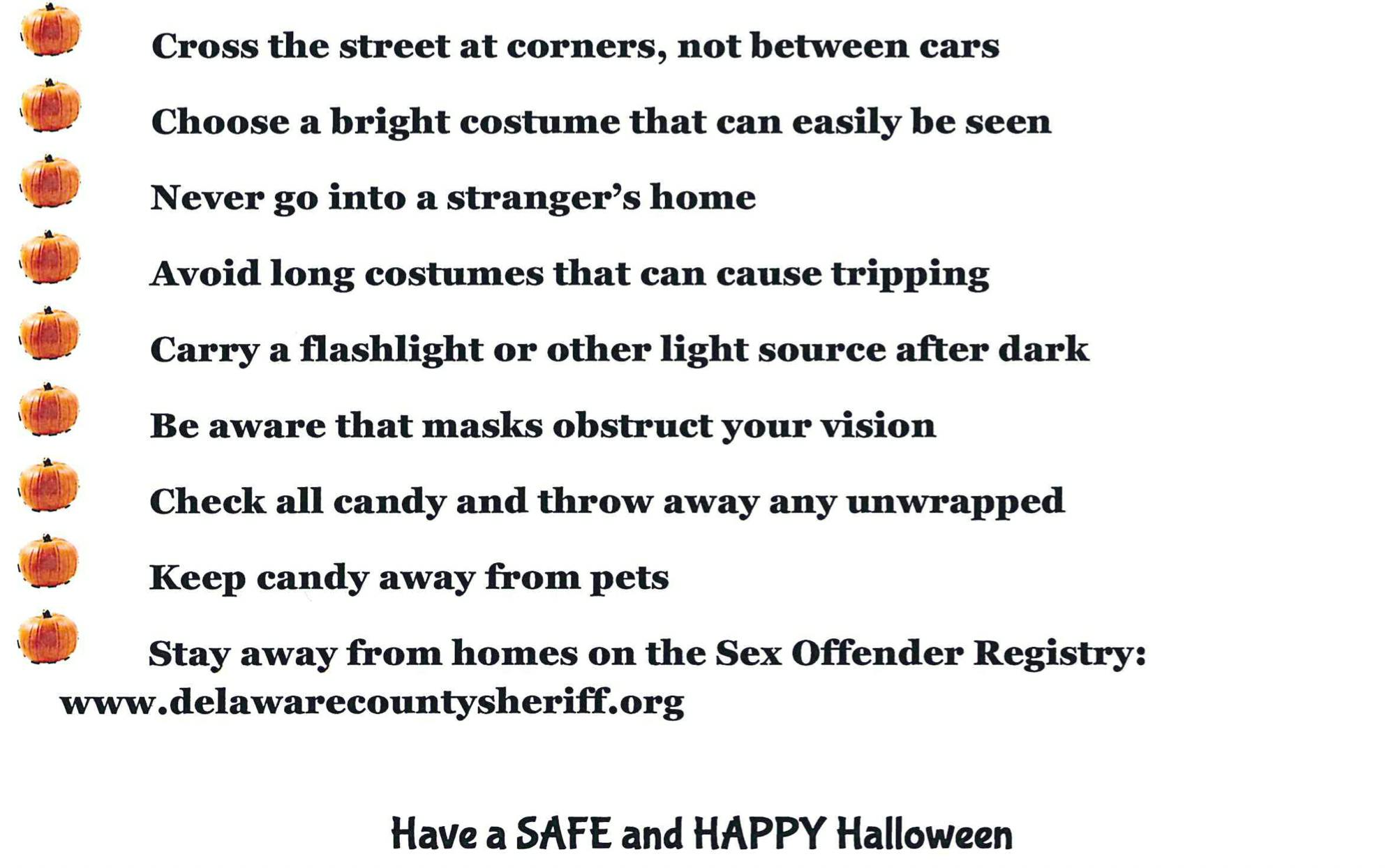 An excerpt from a post on the Delaware County Sheriff's Facebook page offering tips to stay safe during the Halloween weekend.