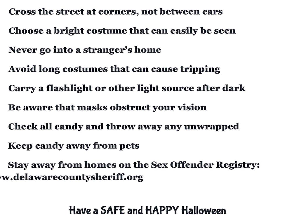 An excerpt from a post on the Delaware County Sheriff's Facebook page offering tips to stay safe during the Halloween weekend.