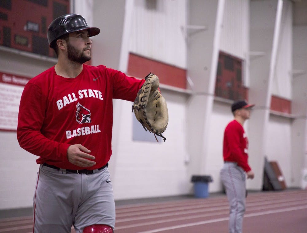 <p>Redshirt junior catcher Chase Sebby warms up before practice Jan. 30, 2019, in the Field Sports Building. Sebby played in 40 games at Cypress College before coming to Ball State. <strong>Zach Piatt, DN</strong></p>