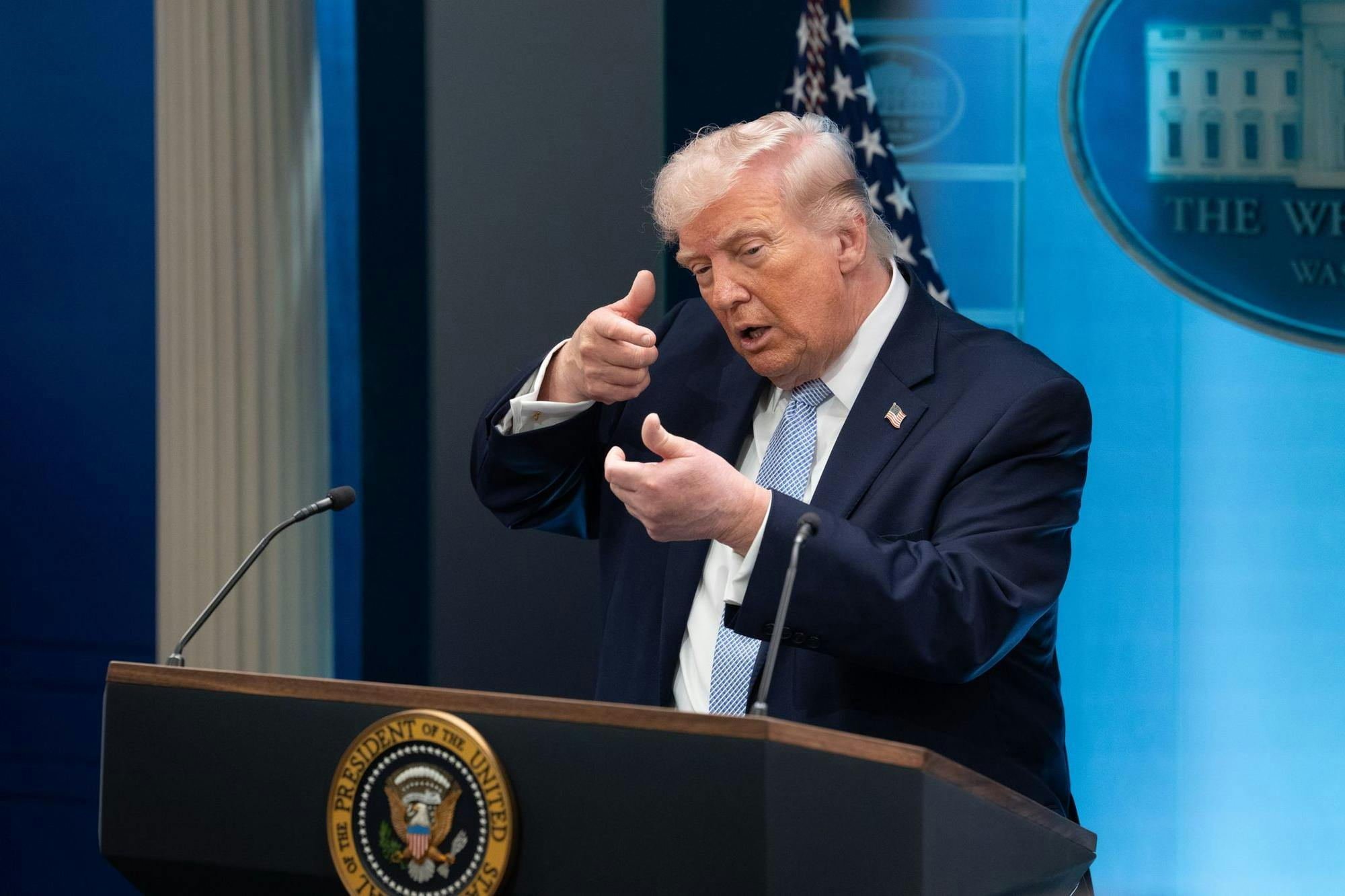 US President Donald Trump speaks in the White House press briefing room about the rescue of downed American pilots in Iran. (Andrew Leyden/ZUMA Press Wire/dpa/TNS)