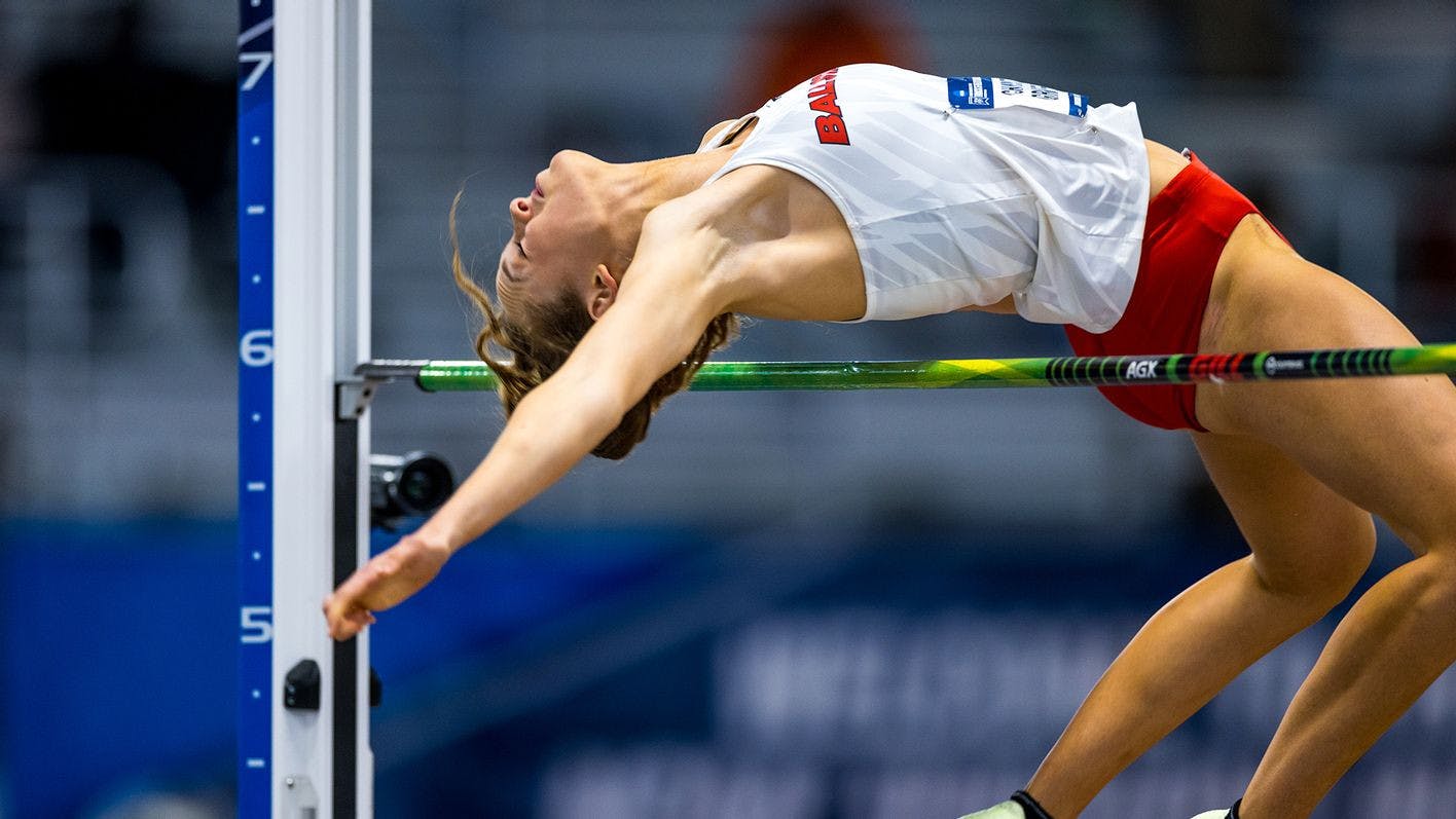 Senior high jumper Charity Griffith competes in the high jump event. Mercedes Oliver/Ball State Athletics, photo provided