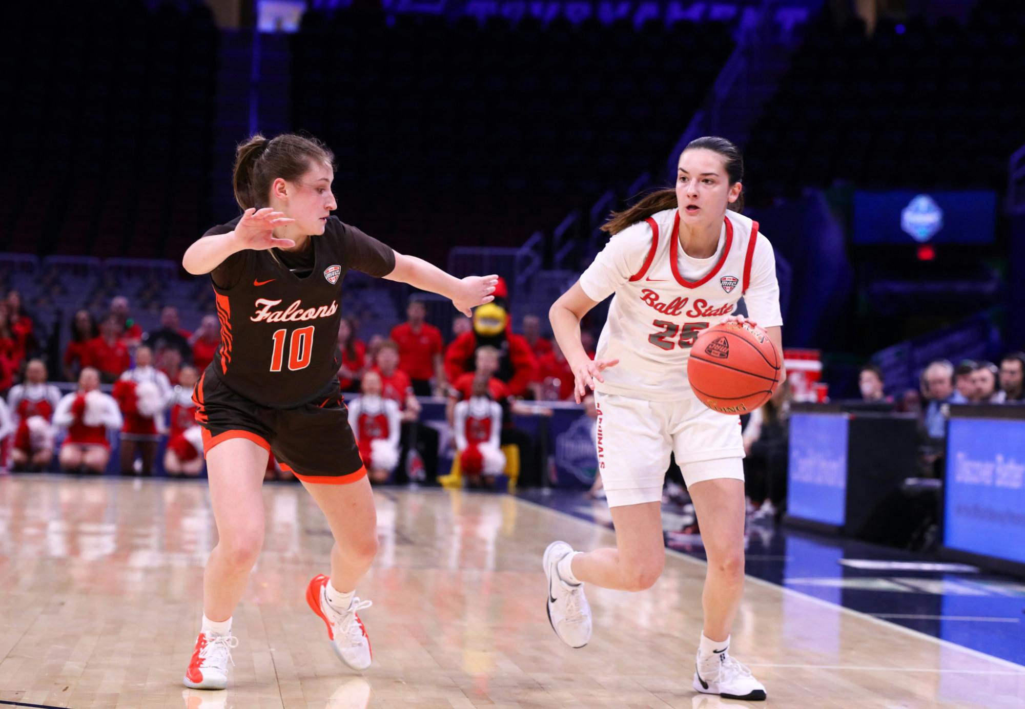Ball State sophomore Grace Kingery drives the ball down the court March 11 at Rocket Arena. Kingery has a season high of 24 points in a game. Adam Jones, DN