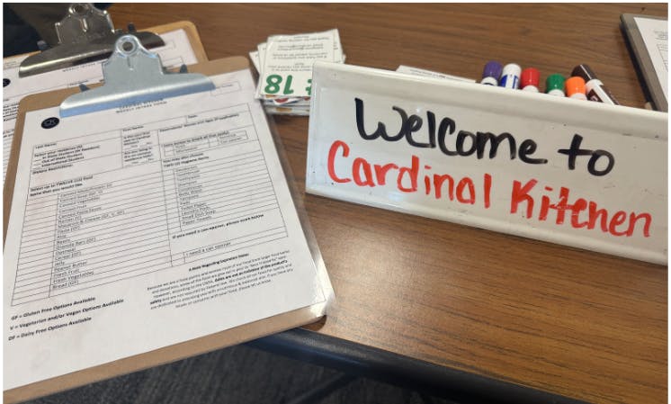 Order forms sit outside Cardinal Kitchen outlining the necessities offered to Ball State students. 