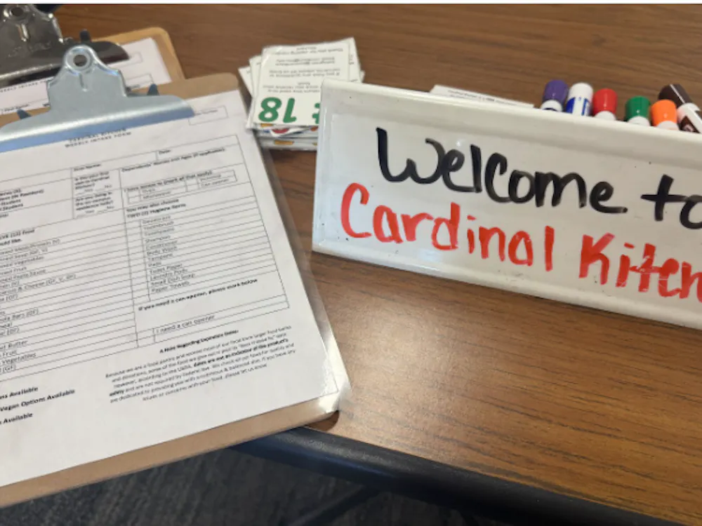 Order forms sit outside Cardinal Kitchen outlining the necessities offered to Ball State students.