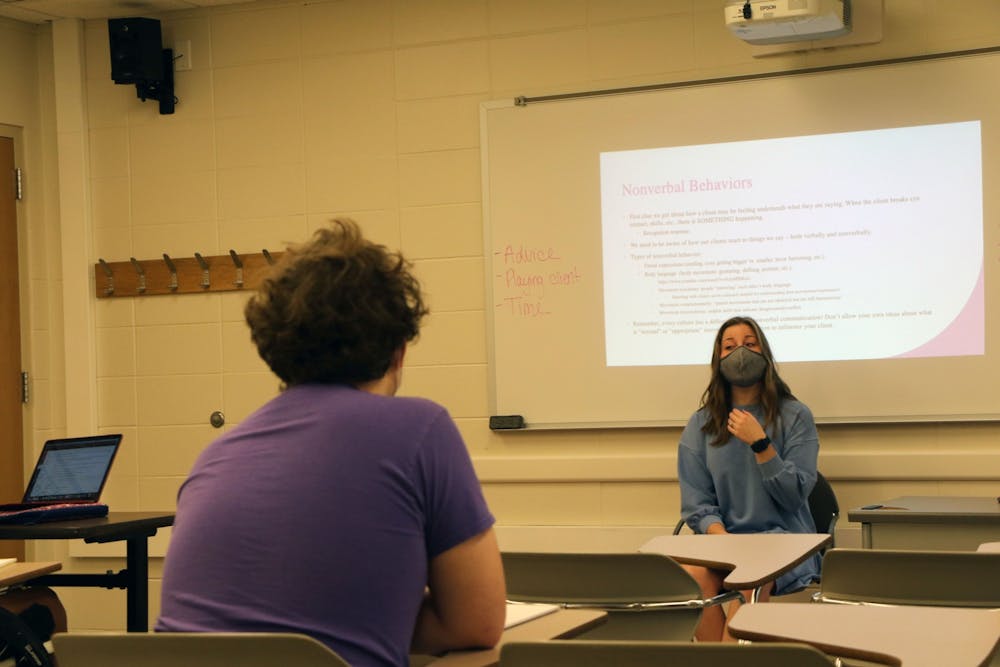 <p>Claire Dugan, counseling psychology doctoral student, teaches the Techniques of Psychological Interactions course Sept. 15. During her class, Dugan teaches a variety of techniques, including roleplaying counseling sessions, lecturing and showing videos. <strong>Maya Wilkins, DN</strong></p>