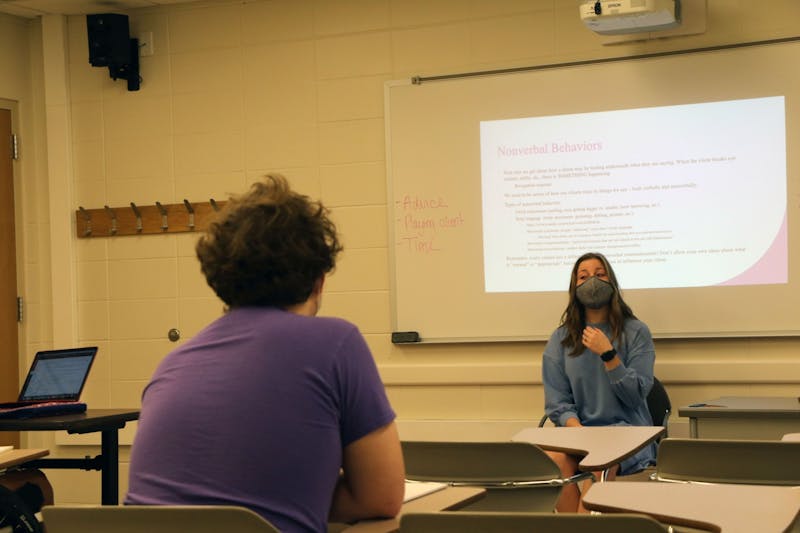 Claire Dugan, counseling psychology doctoral student, teaches the Techniques of Psychological Interactions course Sept. 15. During her class, Dugan teaches a variety of techniques, including roleplaying counseling sessions, lecturing and showing videos. Maya Wilkins, DN