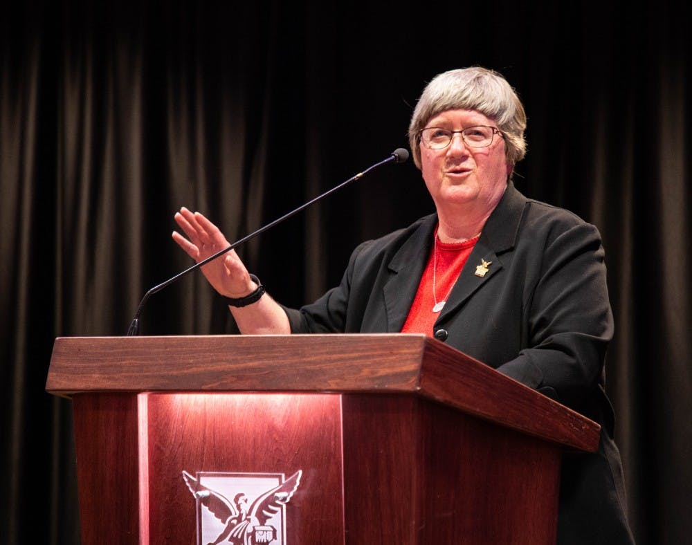 <p>Marilyn Buck, senior adviser to the president and Ball State liaison to Muncie Community Schools, speaks during her retirement reception May 16, 2019, at Cardinal Hall. Buck has served Ball State for 30 years in different roles. <strong>Britney Kendrick, DN</strong></p>
