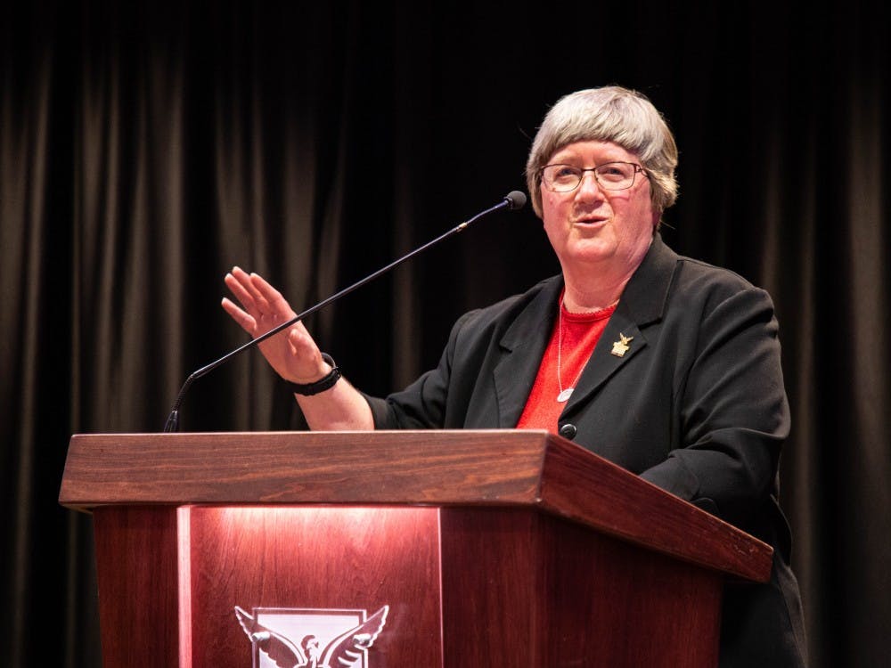 Marilyn Buck, senior adviser to the president and Ball State liaison to Muncie Community Schools, speaks during her retirement reception May 16, 2019, at Cardinal Hall. Buck has served Ball State for 30 years in different roles. Britney Kendrick, DN