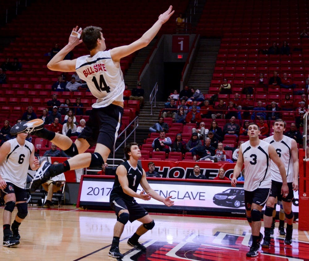 Freshman outside attacker Matt Svews spikes the ball at the game against New Jersey Institute of Technology on Jan. 27 in John E. Worthen Arena.  The Cardinals gained a 3-1 win improving to 8-1 this season. Kaiti Sullivan // DN
