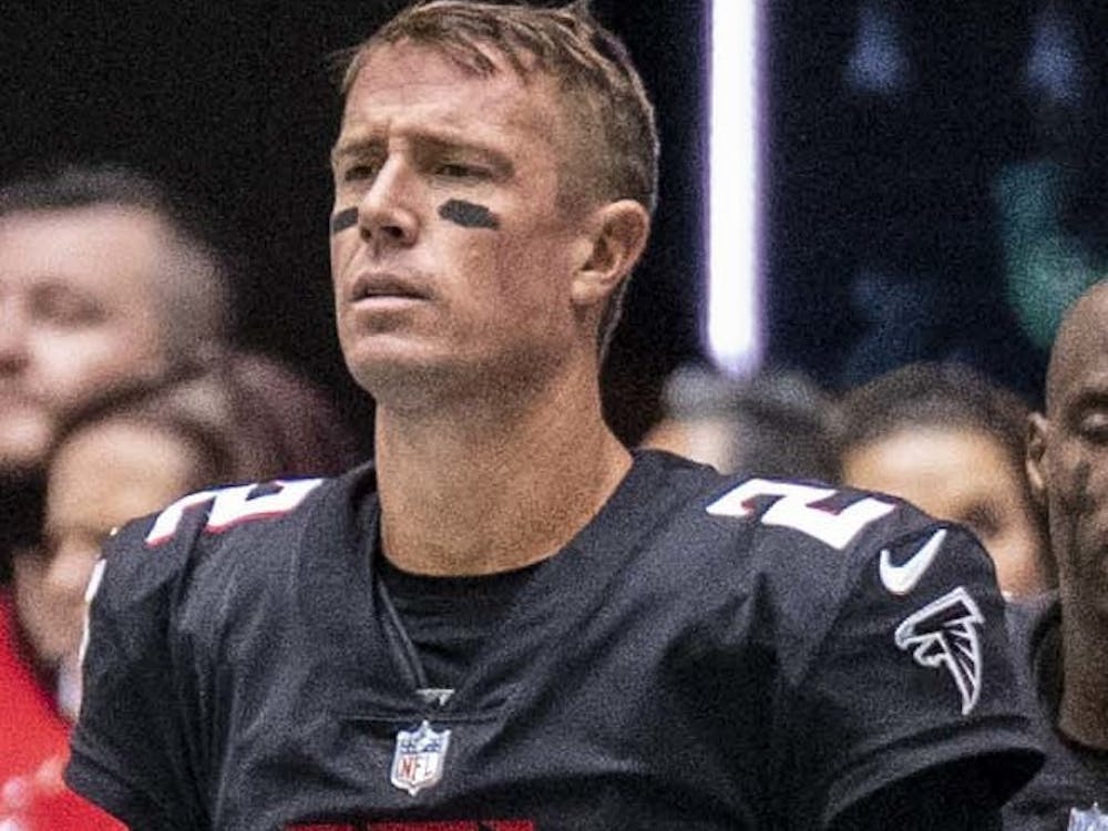 Former Atlanta Falcons quarterback Matt Ryan stands on the sideline before a home game in Mercedes Benz Stadium against the  Washington Football Team Oct. 3, 2021. Ryan was named the NFL&#x27;s Most Valuable Player in 2016. Photo Credit: Joe Glorioso, All-Pro Reels