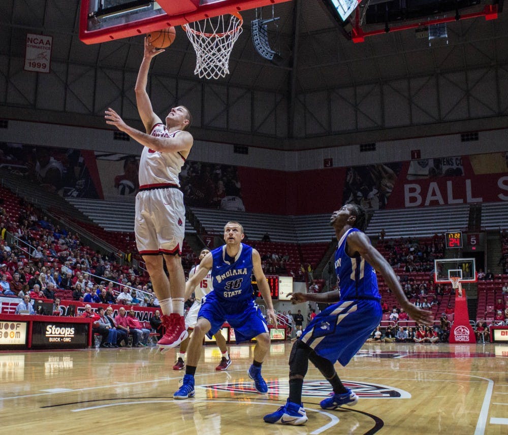 Ball State's forward/guard Sean Sellers attempts a layup during the game against Indiana State on Nov. 15 in Worthen Arena. The Cardinals lost 74-80. Grace Ramey // DN