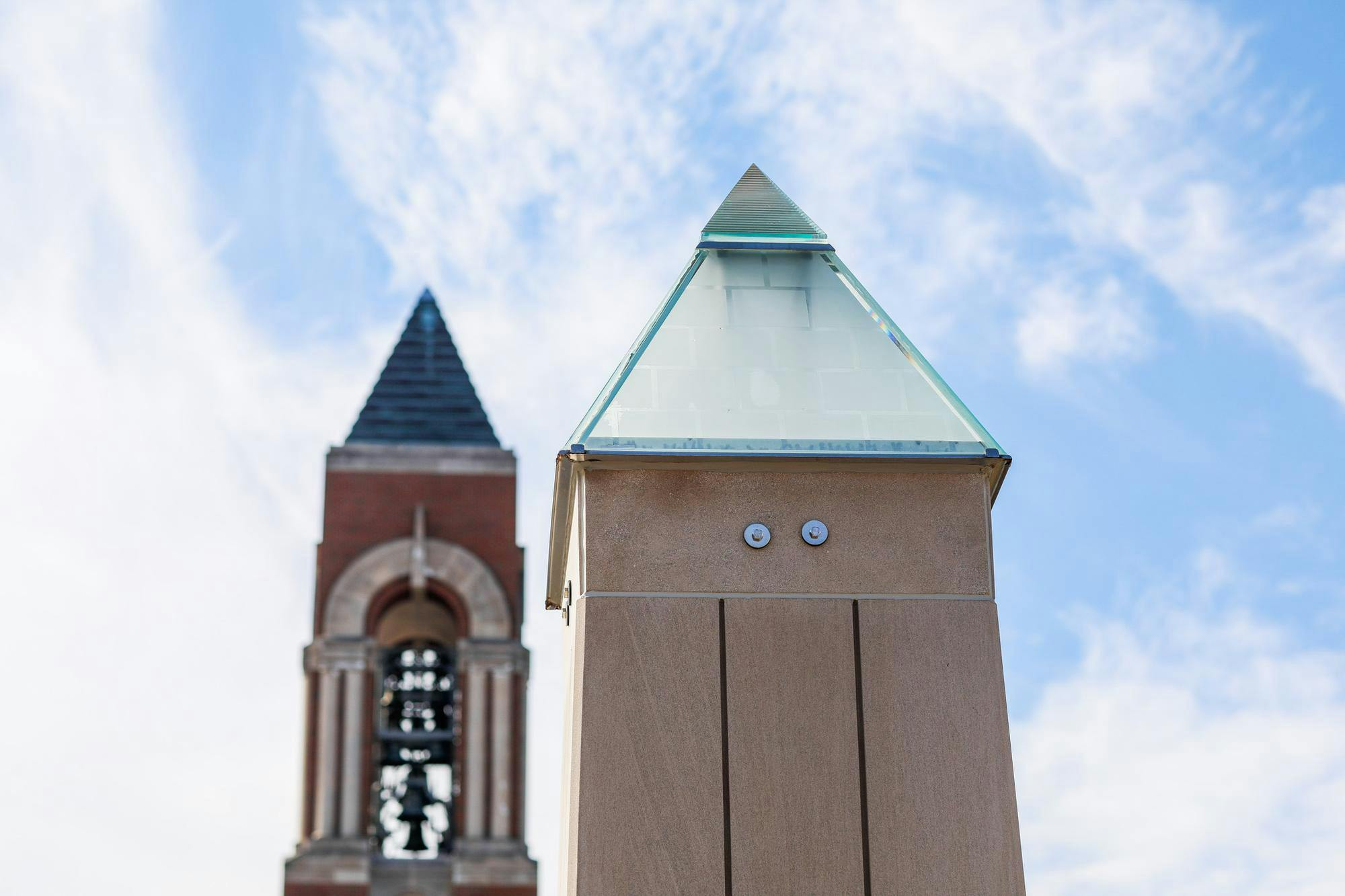 Ball State's new Peace Plaza column sits directly across from Shafer Bell Tower Feb. 21 at University Green. The plaza plans to build more columns to represent the seven continents. Andrew Berger, DN
