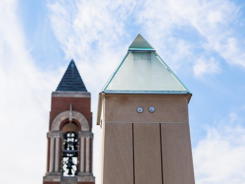 Ball State's new Peace Plaza column sits directly across from Shafer Bell Tower Feb. 21 at University Green. The plaza plans to build more columns to represent the seven continents. Andrew Berger, DN

