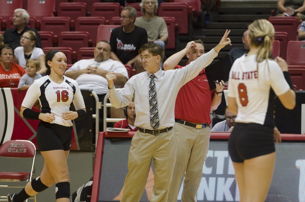 Head coach Steve Shondell tells junior Marissa Hine to enter the game in the last set against Western Illinois on Aug. 29 at Worthen Arena. DN PHOTO BREANNA DAUGHERTY