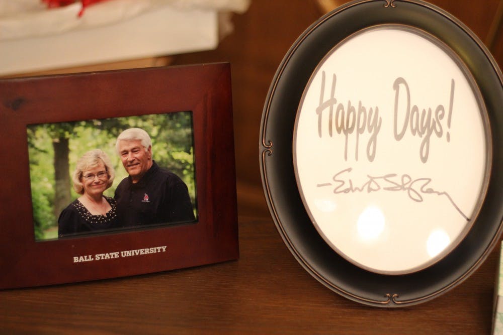 A photo of Ed Shipley, former president and CEO of Ball State's Alumni Association, and his wife Vicki Shipley and a framed signature of his rests on a table at his viewing May 21, 2019, at Parson Mortuary. Friends and family reflected in Shipley's life during his viewing. Britney S. Kendrick, DN