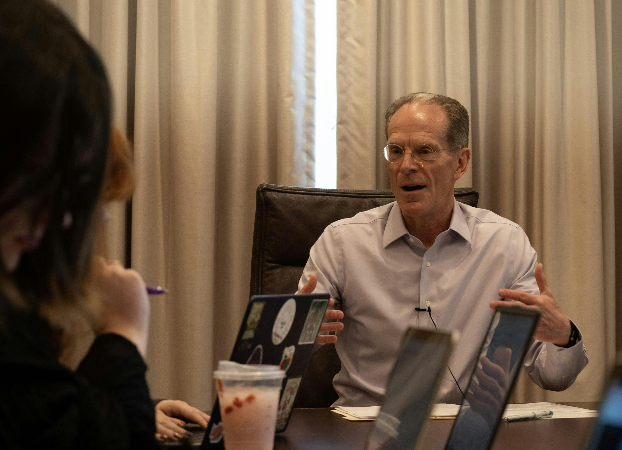 President of Ball State University Geoffrey S. Mearns answering questions during press conference with student media April 17 at Frank A. Bracken Administration Building Muncie, Indiana. Kyle Ingermann, DN